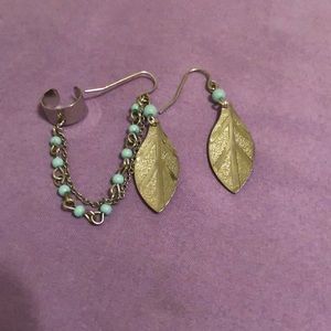 Blue and silver feather earring with cuff